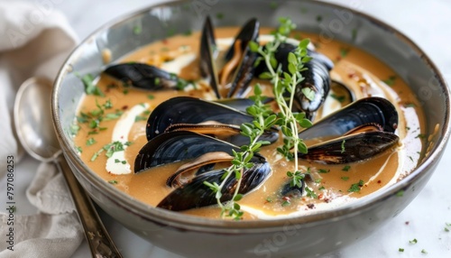 Seafood dish of bivalve mussels in creamy sauce with utensil photo