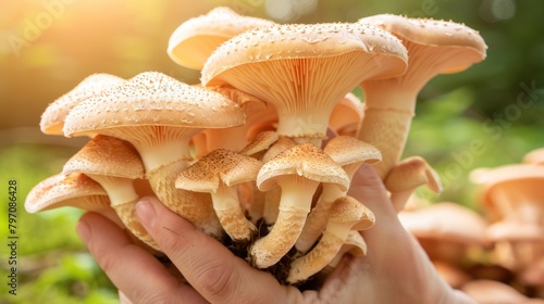 Person holding Henofthewood mushrooms, a staple food ingredient