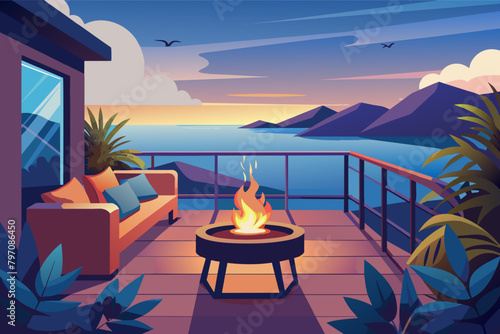 A balcony with a small fire pit, providing warmth and ambiance for cool evenings by the sea