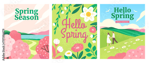 Spring posters set. Beautiful illustrations with warm landscape, blooming flowers and trees and couple on romantic walk. Hello Spring. Cartoon flat vector collection isolated on white background