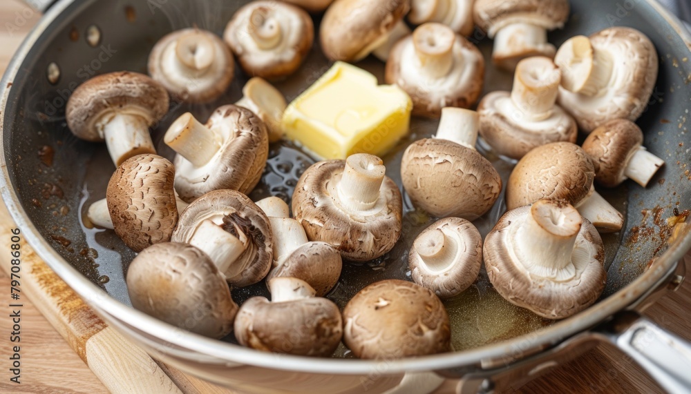 Mushrooms and butter sizzling in a pan for a delicious dish Mushrooms and butter sizzling in a pan for a delicious dish