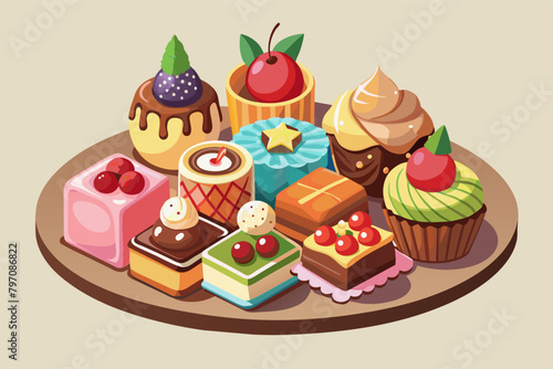 A beautifully plated assortment of petit fours, featuring miniature pastries and sweets in an array of flavors and colors