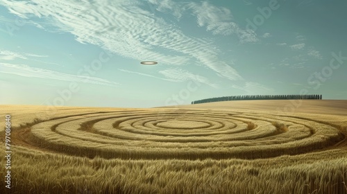 A serene view of a crop circle formation in a field with a UFO hovering above, hinting at extraterrestrial communication on World UFO Day.