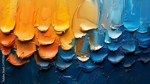 Orange, gold, blue, abstract oil painting art design.