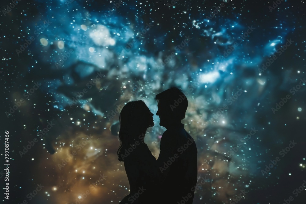 A man and a woman stand together under the starry night sky