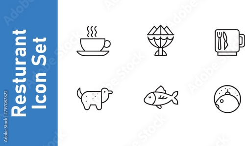 Restaurant icon set. Food. fish, cup, coffee, mutton, hen, rice, rice with payola, etc.