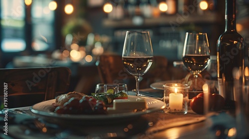 Elegant dining setting with wine glasses, candles, and appetizers on a table in a dimly-lit restaurant.