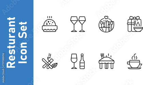 Restaurant icon set. Food. fish, cup, coffee, mutton, hen, rice, rice with payola, etc.