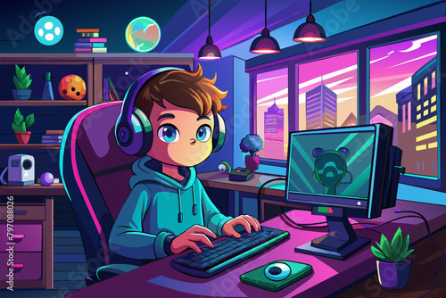 A boy participating in a live streaming gaming marathon for charity, broadcasting from his luxury gaming room