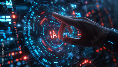 A person touches an AI logo on a digital screen, with their hand touching it. Advanced data processing, machine learning or robotic process. AI logo on a virtual interface in the style