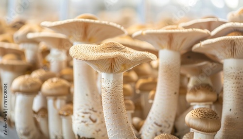 Closeup of edible mushrooms growing on a wooden table