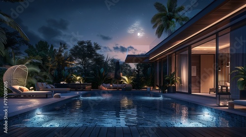 real estate Luxury Interior and exterior design pool villa with living room at night sky home, house ,sun bed ,sofa © Nicat