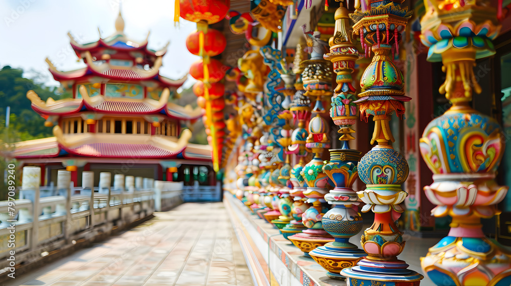 Intricate decorations adorning Buddhist temples for Vesak