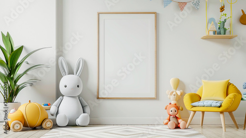 Empty frame mockup. Interior design of children room scandinavian modern style with colorful children's toys