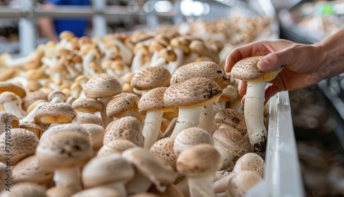 Person selecting a mushroom from tray of local mushrooms for natural food dish