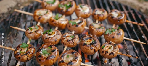 Mushrooms grilling on skewers, perfect finger food for any occasion