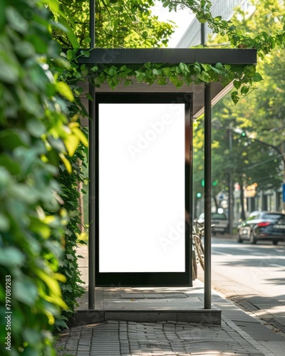 a bus stop with a white billboard on the side of the road