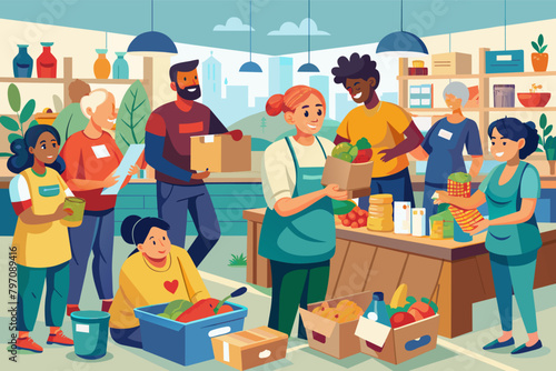 A bustling food bank where volunteers organize donations to help those facing hunger, highlighting a community safety net.