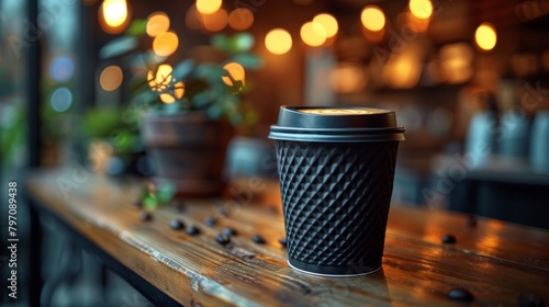 Coffee to-go cup in cozy cafe setting