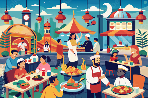 A bustling food court showcasing global cuisines, representing cultural exchange.
