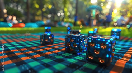 A dice game at a picnic, with a checkered blanket and a bright outdoor setting, photo