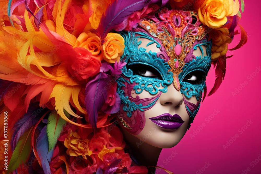 Fototapeta premium Vibrant Venetian Carnival Gradients: Stunning Venetian Lace Fashion Line Promo