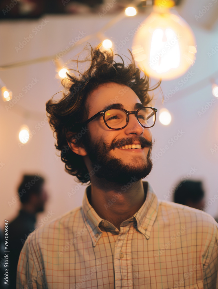 Light bulb above the head of a young man, the concept of having an idea Light bulb above the head of a young man, the concept of having an idea