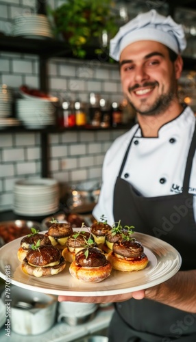 Chef smiling  holding a plate of food in the kitchen