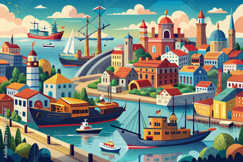 A bustling port city, its harbor filled with ships and boats from around the world