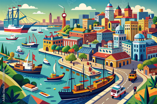 A bustling port city, its harbor filled with ships and boats from around the world