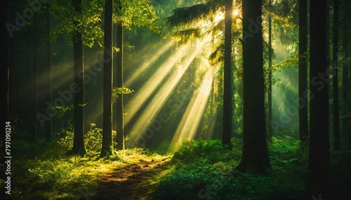 beautiful rays of sunlight in a green forest during foggy atmosphere © Marcelo