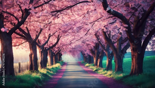 beautiful pink flowering cherry tree way