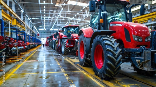Tractor Manufacture work. Assembly line inside the agricultural machinery factory. Installation of parts on the tractor body - Image photo
