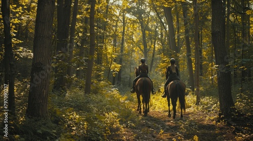 A panoramic view of two best friends horseback riding in a scenic forest on National Best Friends Day. photo