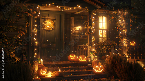 A houses front porch on Halloween night. decorated with lanterns and pumpkins