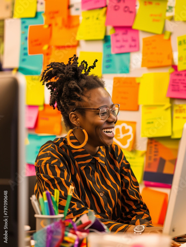 Smiling african american woman at her workplace, working hard in the office at her desk. Pleasant working atmosphere