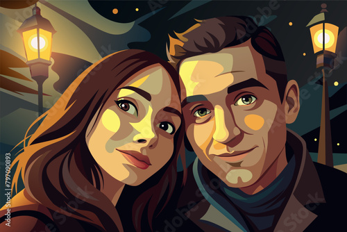 A closeup shot of the couples faces illuminated by the soft glow of streetlights, their expressions filled with love and warmth
