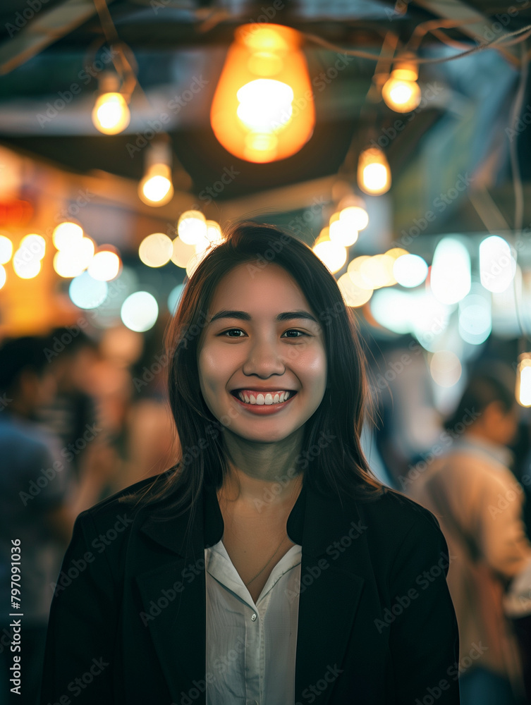 Light bulb above the head of a young woman, the concept of having an idea