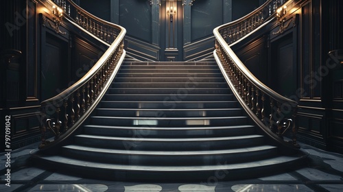 Regal golden Carpet Staircase with Ornate Golden railing, luxury Interior design photo