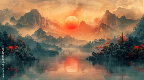 Background of modern abstract Chinese landscape art with ink wash, golden mountains, scenery, and golden clouds.