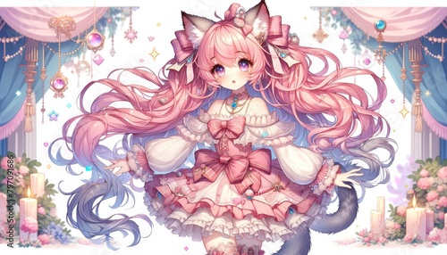A cute anime neko girl with flowing pink hair, cat ears, and a frilly dress stands in a magical setting with sparkling lights and candles