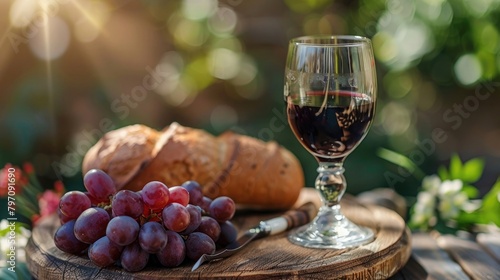 Holy communion on wooden table on church.Taking holy Communion.Cup of glass with red wine  bread.The Feast of Corpus Christi Concept.