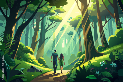 A couple walks through a lush, green forest, sunlight filtering through the canopy above them