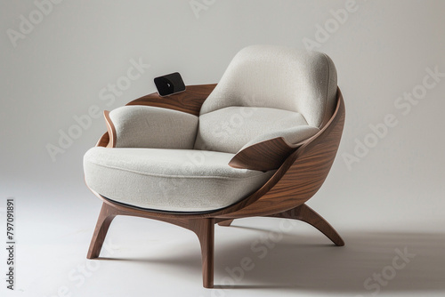 An armchair with a built-in wireless charging pad, captured on a solid white background. photo
