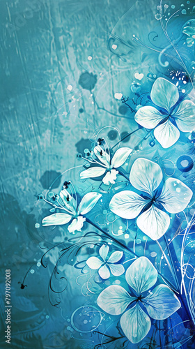 upright background illustration of white blossoms in front of blue colored pattern background
 photo