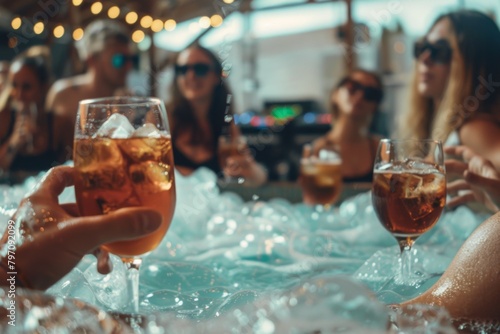 People enjoying drinks in wine glasses in a hot tub photo