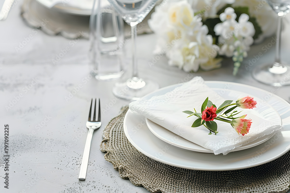Table setting with beautiful flower on grey background Table setting with beautiful flower on grey background