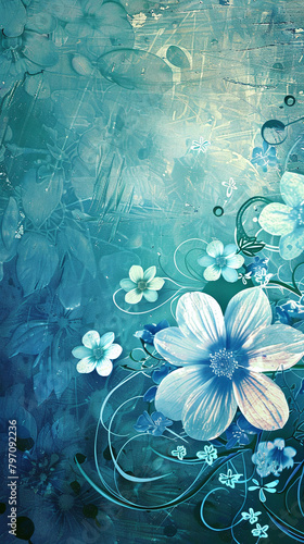 upright background illustration of white blossoms in front of blue colored pattern background 
