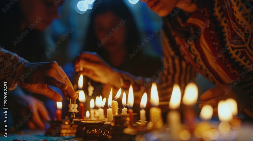 A serene view of a group of people lighting candles in honor of the holiday of Shavuot.