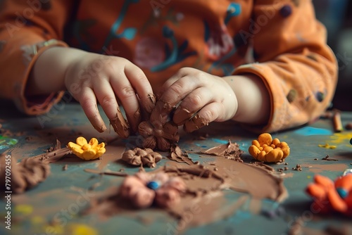 A young child molds flowers from clay developing fine motor skills. Concept Child Development, Fine Motor Skills, Clay Modeling, Creative Play, Early Learning